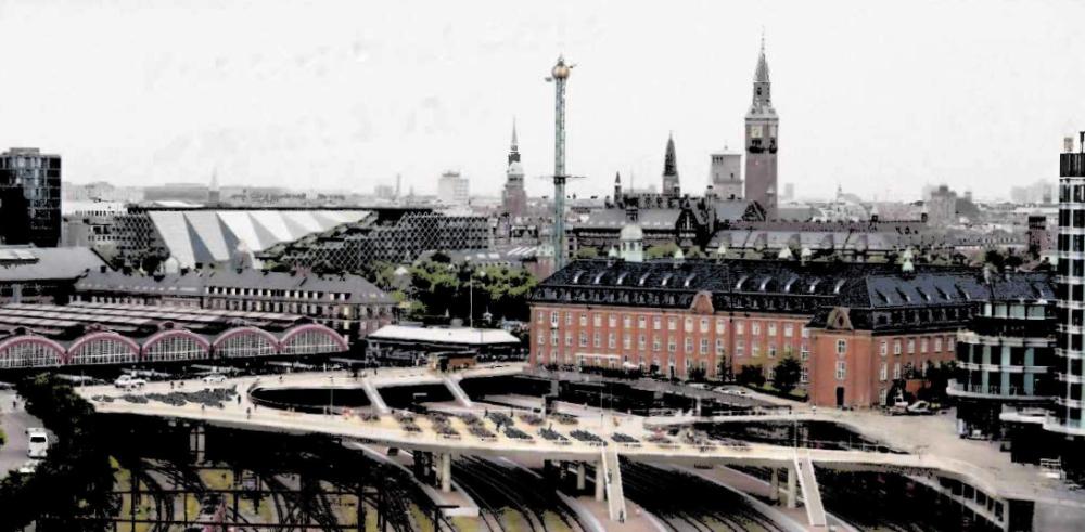 Forslag til hvordan et brosystem over baneterrænet ved Hovedbanegården kunne se ud